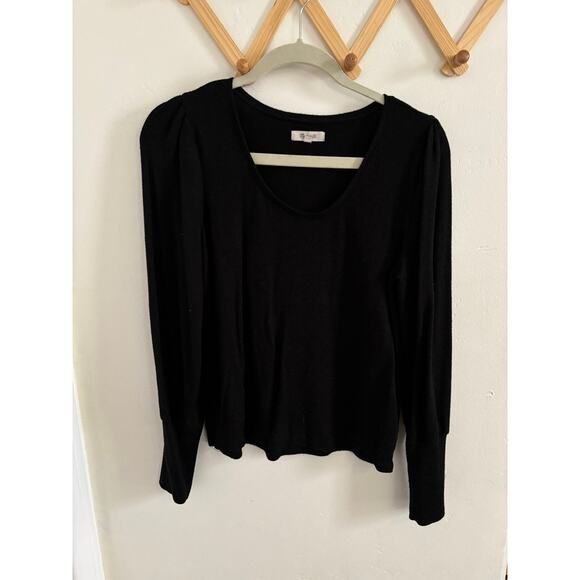 Madewell Top Women's Medium Black Puff Long Sleeve Scoopneck Blouse Soft - Picture 3 of 8